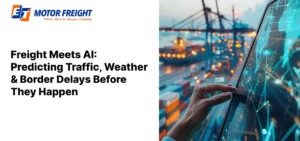 Digital screen with data visualization overlaying a container port and cargo ship