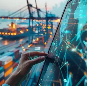 Digital screen with data visualization overlaying a container port and cargo ship