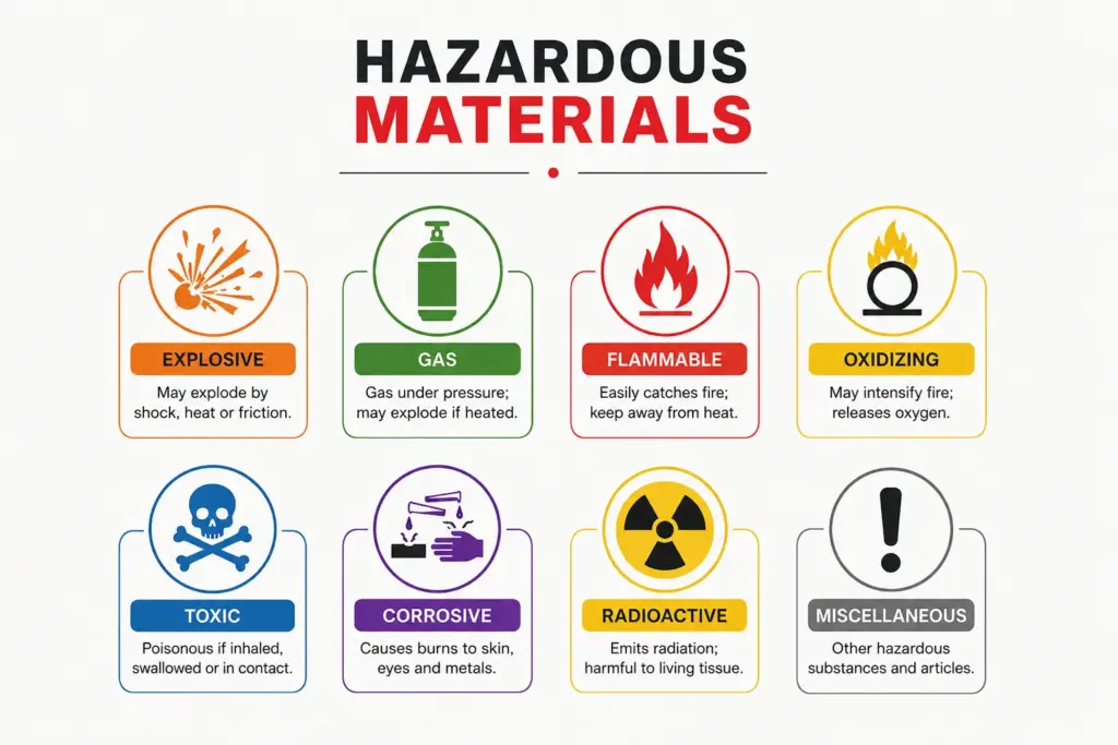 Types of Hazardous materials and warning symbols